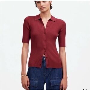 Madewell The Signature Ribbed Knit Sweater Polo Tee in Cranberry Burgundy Medium